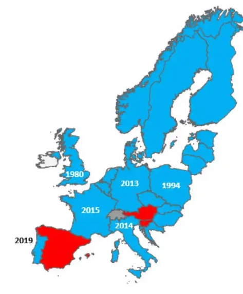 Mapa de países europeos con mercados liberalizados y sus años de apertura a la competencia