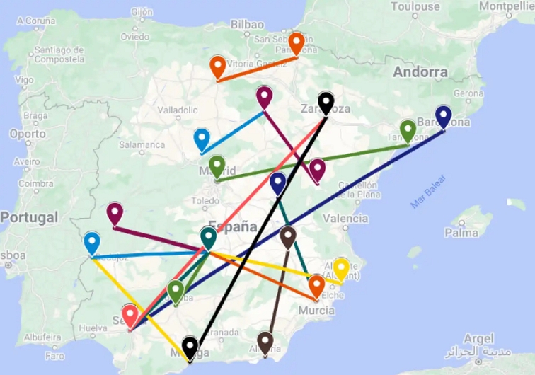 Mapa con las conexiones entre capitales de provincia españoles que carecen de ruta directa en autobús